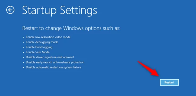 Startup Settings: Alege Restart pentru opțiunile Windows 11 Safe Mode
