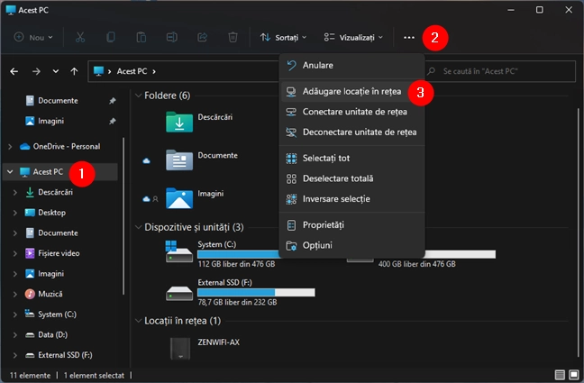 Adăugare locație în rețea, în meniul Vedeți mai multe din Explorer