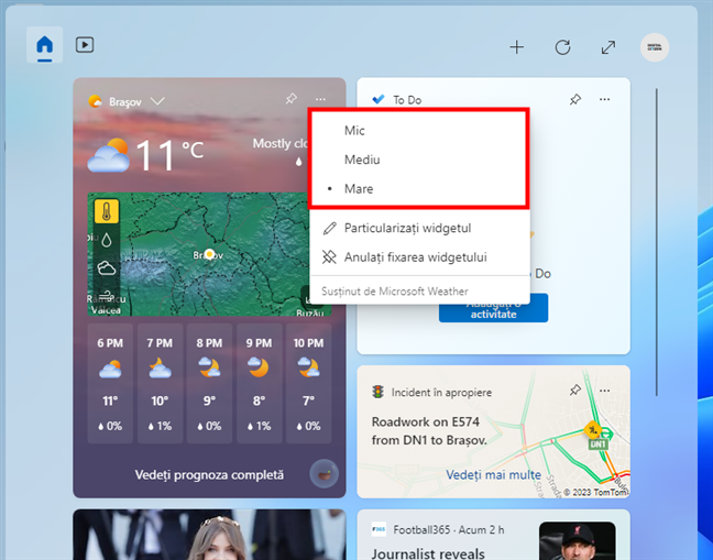 Schimbarea mărimii unui widget în Windows 11
