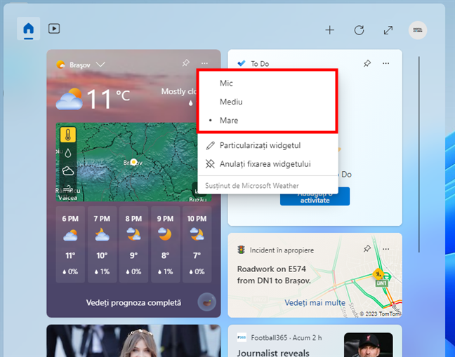 Schimbarea mÄƒrimii unui widget Ã®n Windows 11