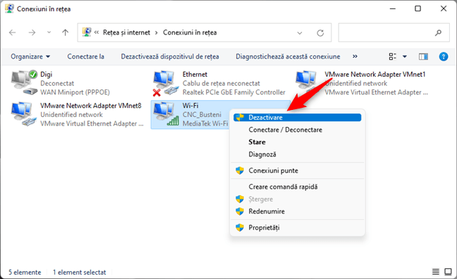 Dezactivarea plÄƒcii wireless din fereastra Conexiuni Ã®n reÈ›ea