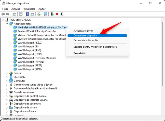 Dezactivare Wi-Fi în Windows 11 din Managerul de dispozitive