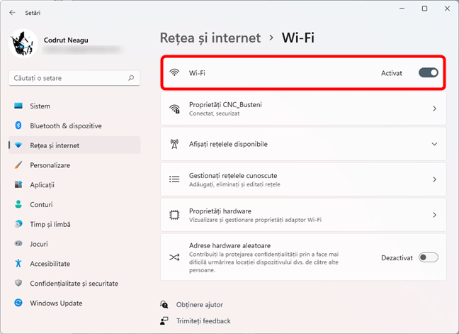 Comutatorul Wi-Fi din lista de setÄƒri Wi-Fi