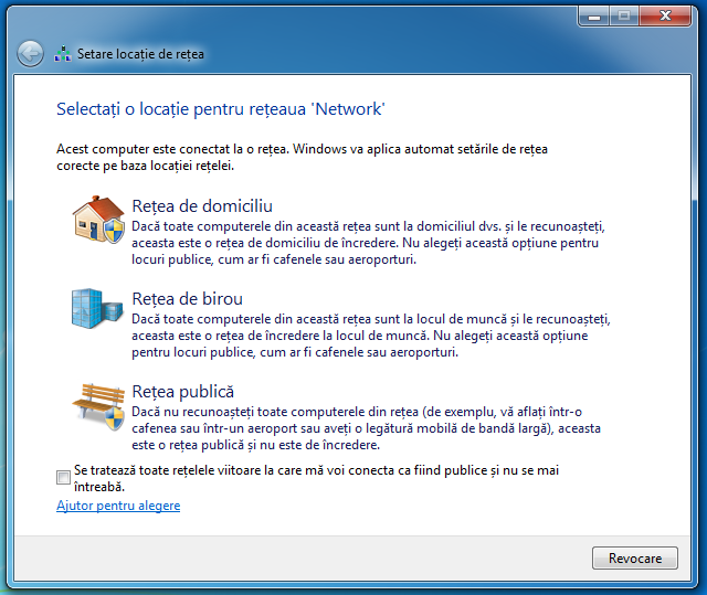 SelecteazÄƒ o locaÈ›ie pentru reÈ›eaua ta Ã®n Windows 7