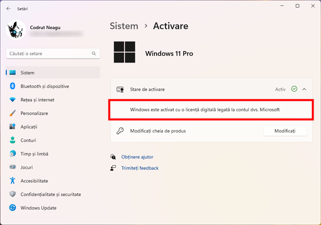 Windows este activat cu o licenÈ›Äƒ digitalÄƒ legatÄƒ la contul dvs. Microsoft
