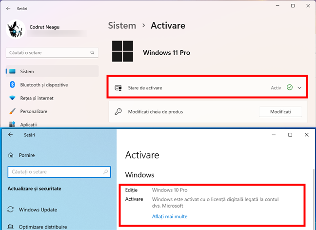 Starea de activare a Windows 11 și Windows 10