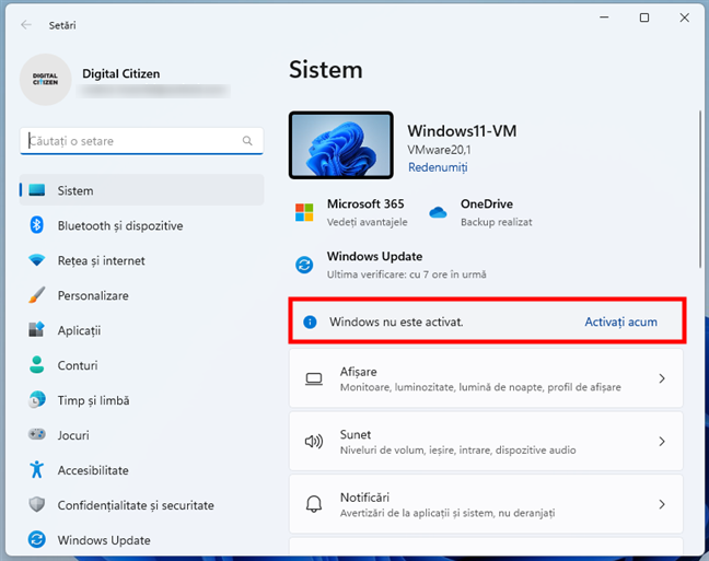 Aplicația Setări arată că Windows 11 nu este activat