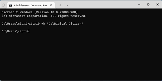 Use the attrib +h command in CMD