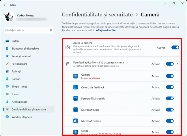 Setări de confidențialitate ale camerei în Windows 11
