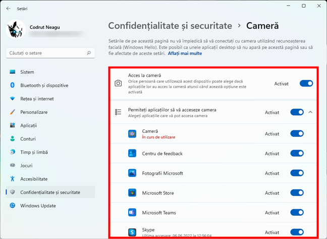 SetÄƒri de confidenÈ›ialitate ale camerei Ã®n Windows 11