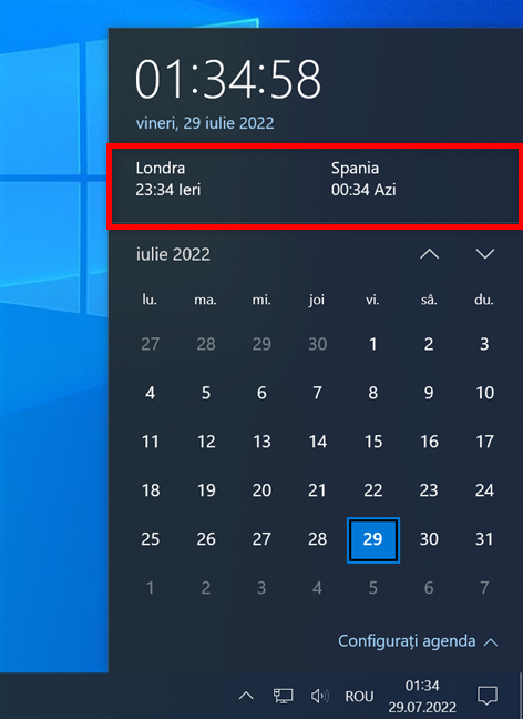 Ceasurile suplimentare, aÈ™a cum sunt afiÈ™ate Ã®n Windows 10
