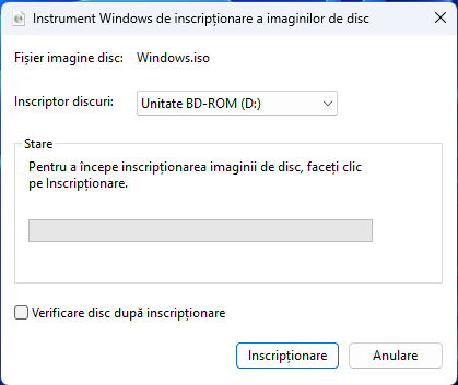 Aplicația Instrument Windows de inscripționare a imaginilor de disc
