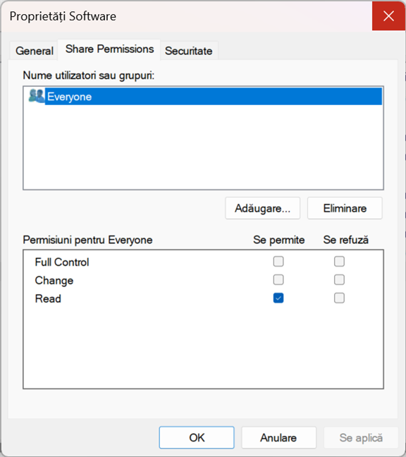 Fila Share Permissions a unui folder partajat în Windows