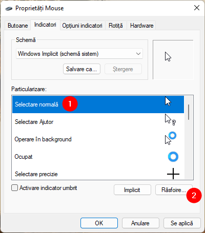 Selectează un cursor de mouse și apasă pe Răsfoire pentru a o înlocui