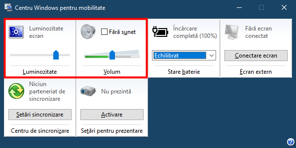 Centru Windows pentru mobilitate în Windows 10: Luminozitate și Volum