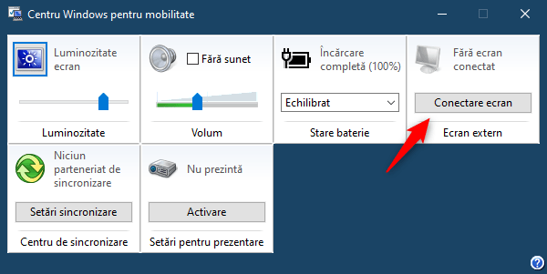 Conectarea unui ecran prin intermediul Centrului Windows pentru mobilitate din Windows 10
