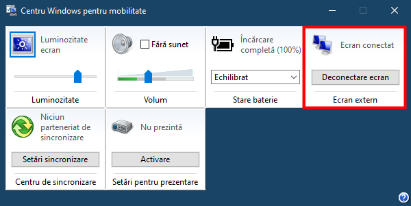 Centru Windows pentru mobilitate: Ecran conectat