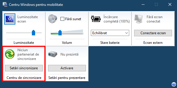 Deschiderea Centrului de sincronizare din Centru Windows pentru mobilitate