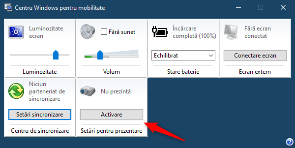 SetÄƒri pentru prezentare din Centru Windows pentru mobilitate