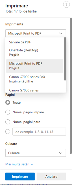 Alege Microsoft Print to PDF ca imprimantÄƒ