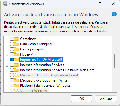 Instalează Imprimare în PDF Microsoft din Caracteristici Windows