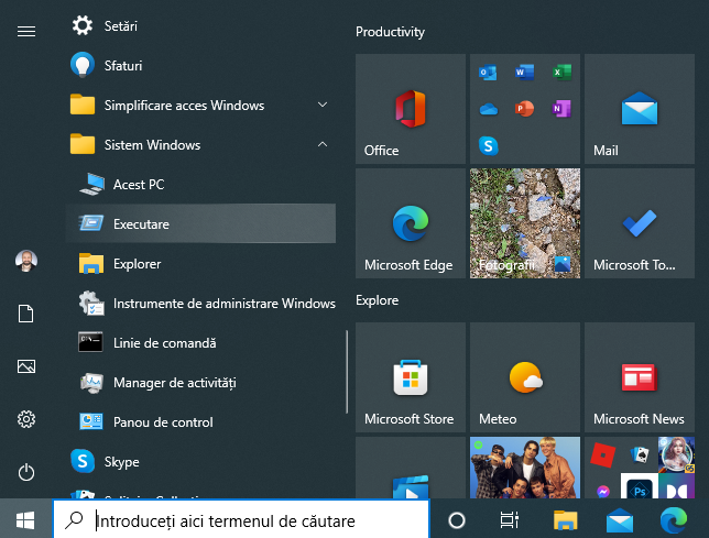 ScurtÄƒtura Executare din meniul Start Ã®n Windows 10