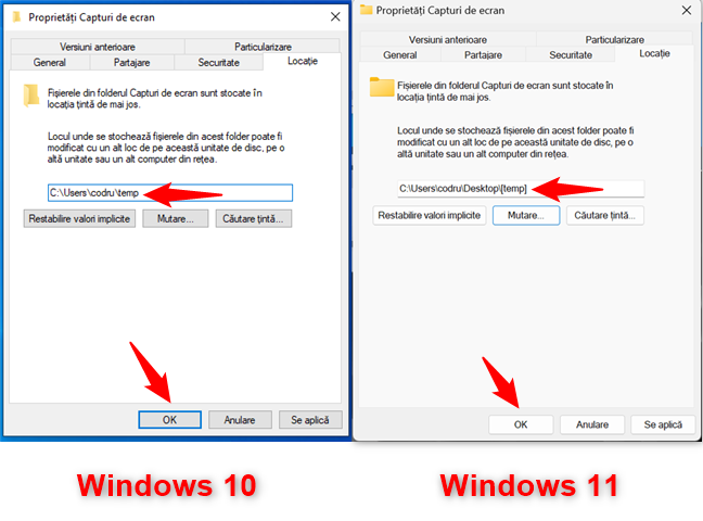 ApasÄ pe OK pentru a schimba unde ajung screenshoturile în Windows