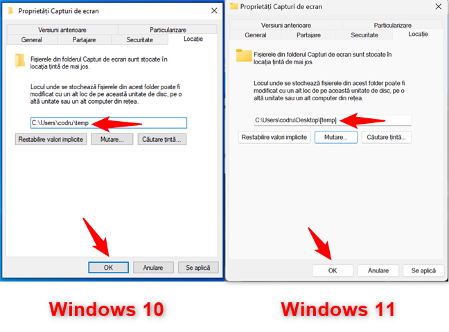 ApasÄƒ pe OK pentru a schimba unde ajung screenshoturile Ã®n Windows