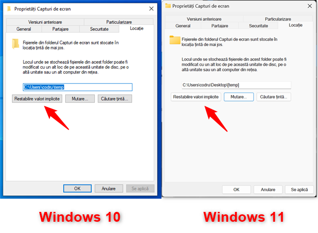 RestabileÈte locaÈia implicitÄ unde ajung screenshoturile tale în Windows