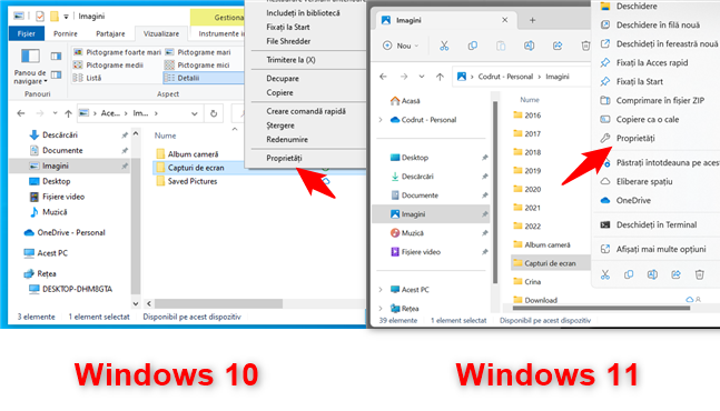 Deschide ProprietÄÈile folderului Capturi de ecran din Windows
