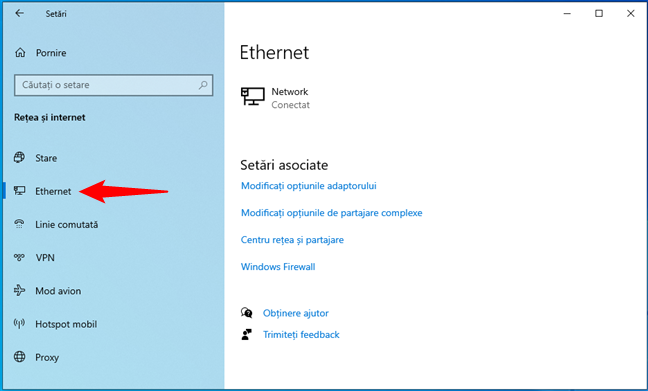 Conexiunea de rețea Ethernet în Windows 10