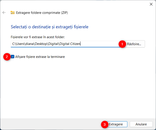 Extragere foldere comprimate (ZIP) în Windows