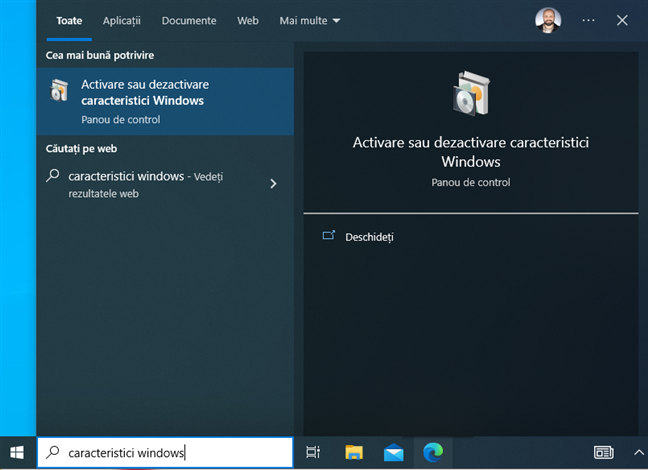 CautÄƒ caracteristici windows Ã®n Windows 10