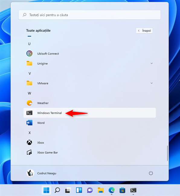 ScurtÄƒtura Windows Terminal din Meniul Start din Windows 11