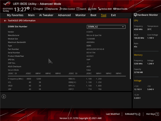 Profilul XMP pentru XPG Lancer DDR5-5200 RAM